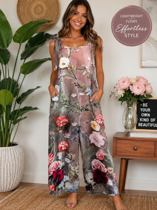 Source Unknown Pants - Source Unknown Floral Wide-Leg Jumpsuit in Dusty Rose and Green